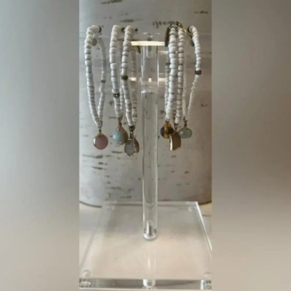 White Beaded Bracelets with Gemstone Charms